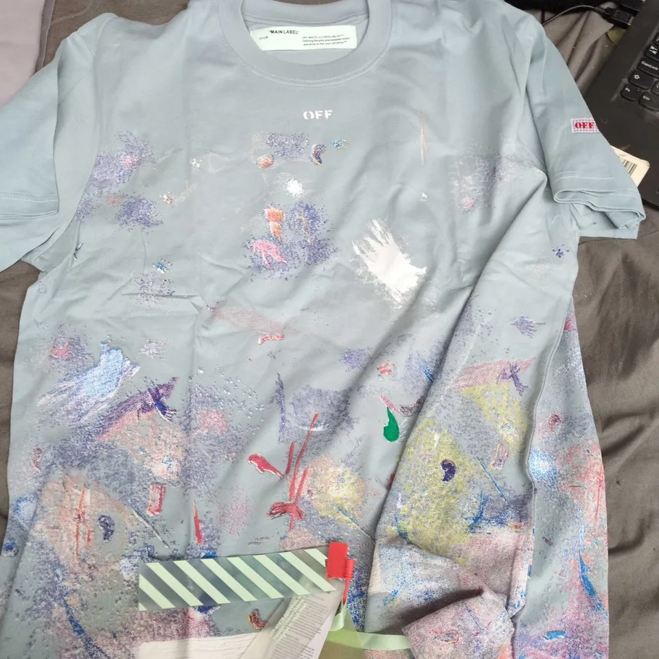 OFF-WHITE C/O VIRGIL ABLOH TEE – LIGHT BLUE/GRAY COTTON WITH PAINT-SPLATTER PRINT, SIZE S (VERIFY MODEL)