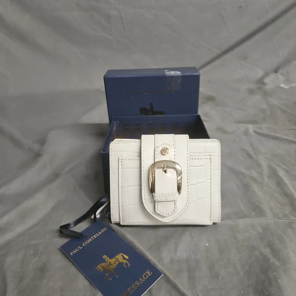 PAUL COSTELLOE DRESSAGE PURSE – CREAM CROCODILE-EMBOSSED LEATHER WITH GOLD-TONE BUCKLE