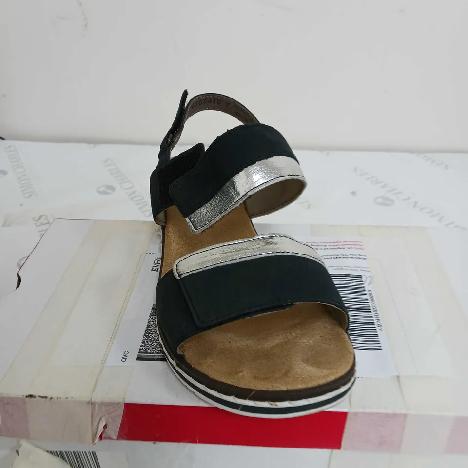 BOXED PAIR OF RIEKER ANTISTRESS PLATFORM SANDALS IN NAVY SIZE 3.5