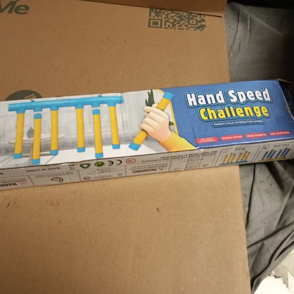 BOX OF APPROXIMATELY 15 ASSORTED TOYS INCLUDING ARTICULATE , REACTION CHALLENGE AND HAND SPEED CHALLENGE