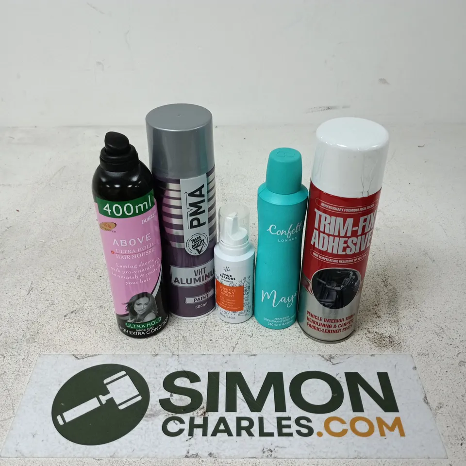 APPROXIMATELY 15 ASSORTED AEROSOLS TO INCLUDE TRIM-FIX ADHESIVE, PMA VHT ALUMINIUM, FOUR REASONS SENSITIVE STRONG MOUSSE, ETC
