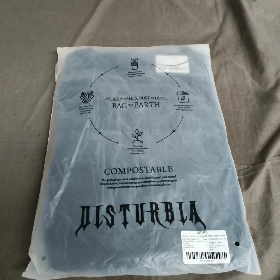 BAGGED DISTURBIA HELENA HIGHLAND FORAGING AOP MINI SKATER DRESS – WOMEN'S UK 16 