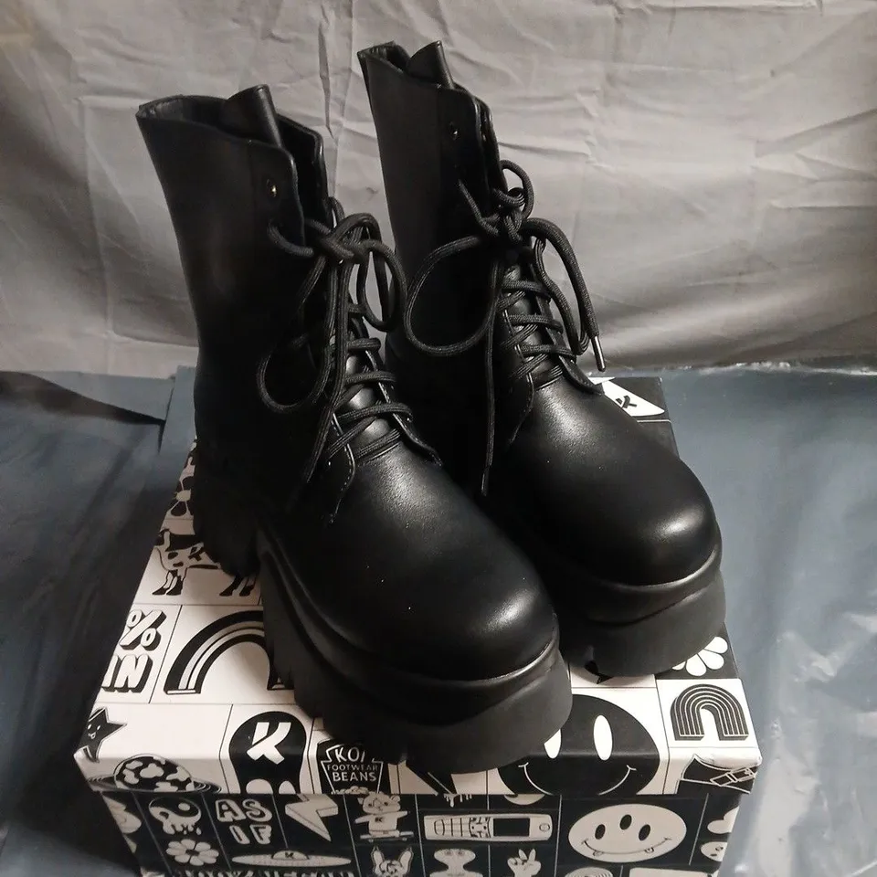 KOI RANCOR BLACK LEATHER PLATFORM COMBAT BOOTS – LACE-UP, SIZE 4