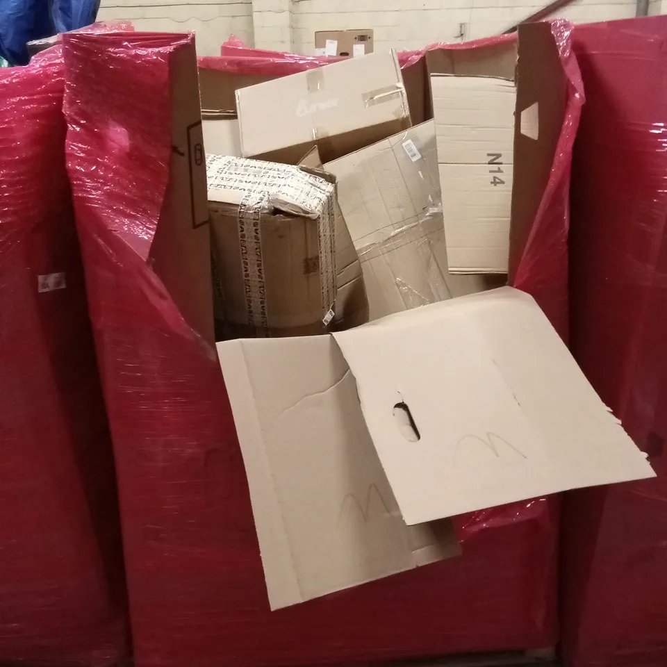 PALLET OF ASSORTED HOUSEHOLD GOODS AND PRODUCTS TO INCLUDE; CAMPING TROLLEY, BOXED FURNITURE ETC 