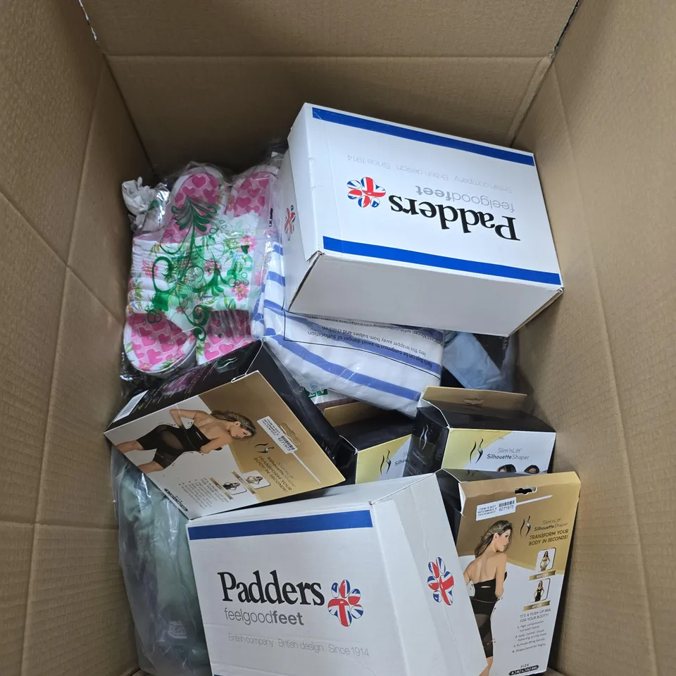 BOX OF APPROXIMATELY 15 ASSORTED ITEMS INLCUDING PADDERS DANDLE SHOES, SLIM'N LIFT SILHOUETTE SHAPER AND A CHARLOTTE WEST STRIPED TOP