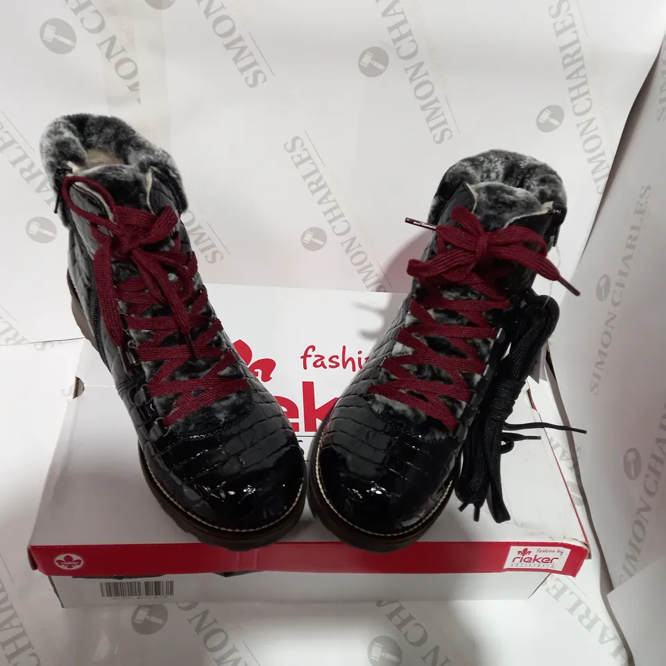 BOXED PAIR OF RIEKER BLACK HIKING BOOTS  - SIZE 7.5
