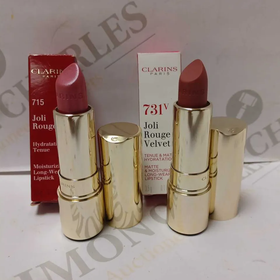 LOT OF 2 CLARINS JOLI ROUGE MOISTURIZING LIPSTICKS - #715 CANDY ROSE & #731V ROSE BERRY MATTE