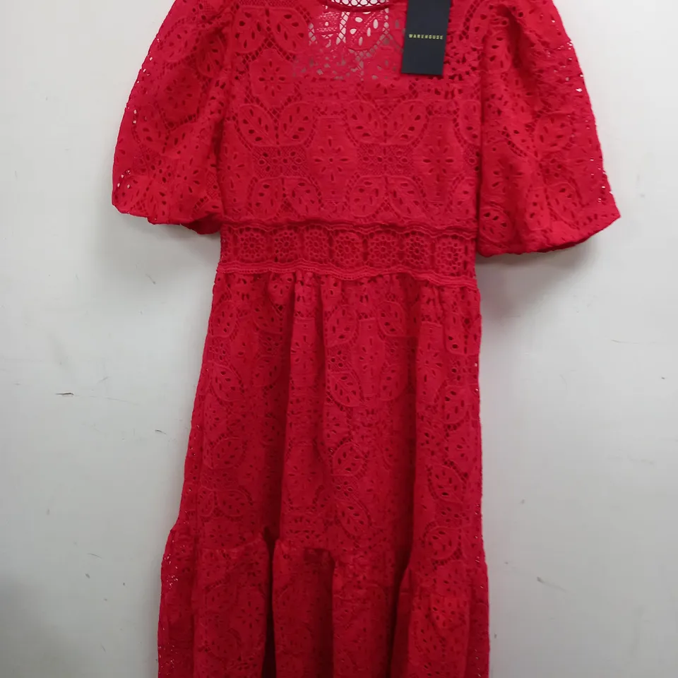 WAREHOUSE LACE TIER PUFF SLEEVE MIDI DRESS IN RED - 6