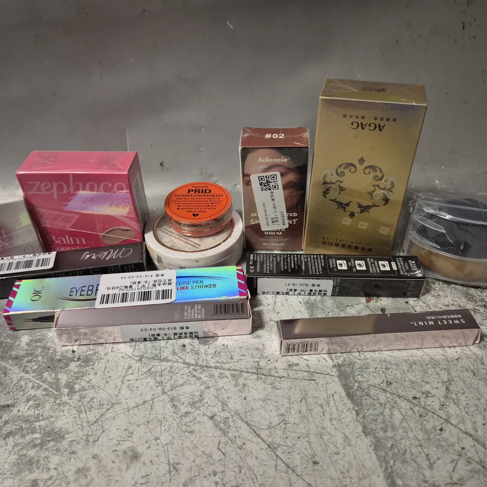APPROXIMATELY 15 ASSORTED COSMETICS ITEMS TO INCLUDE COLOUR LIPSTICK, ZEPHOCO BALM FOUNDATION, QIC EYEBROW PEN, ETC