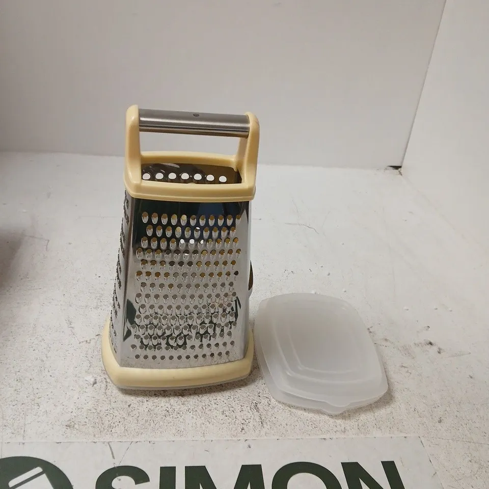 METAL BOX GRATER WITH YELLOW PLASTIC HANDLE AND DETACHABLE LID