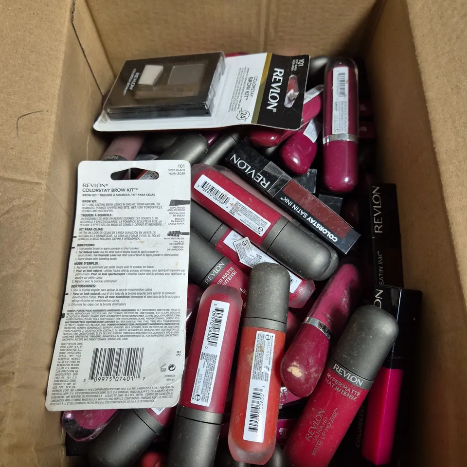 APPROXIMATELY 50 REVLON MAKE UP PRODUCTS TO INCLUDE BROW KITS, LIP MOUSSE AND LIQUID LIPSTICKS