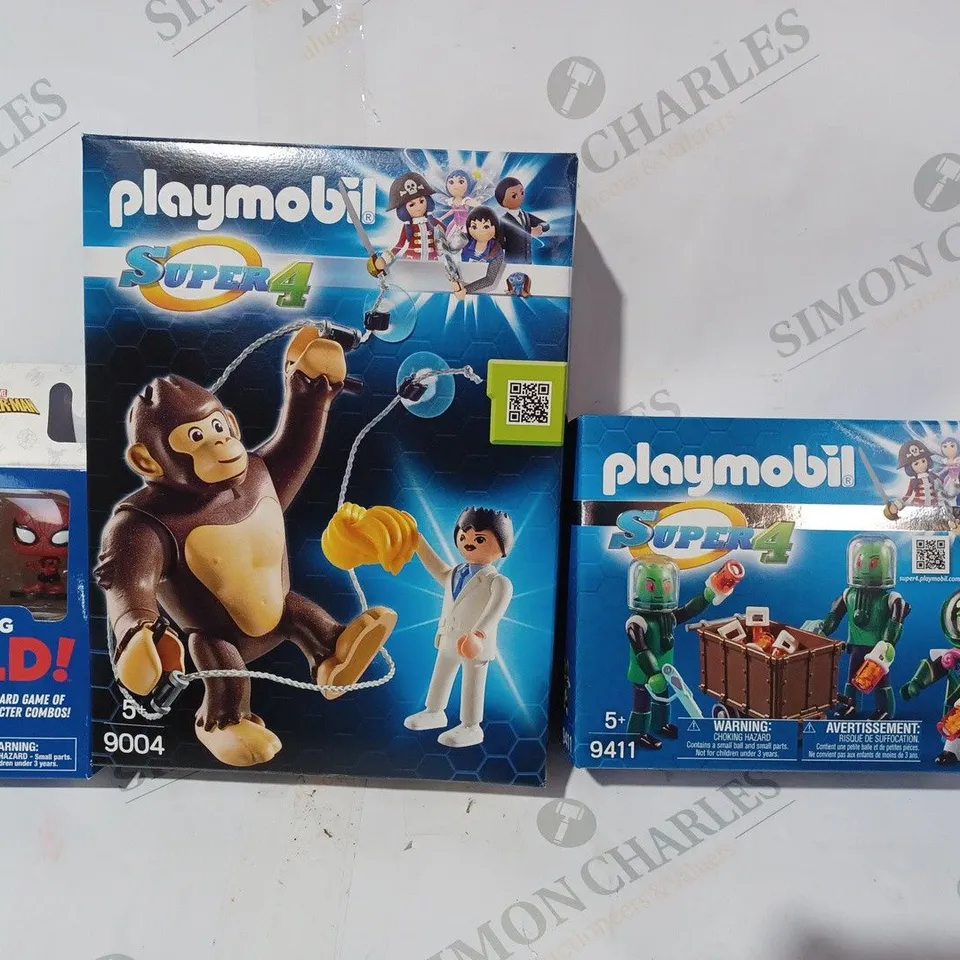 BOX OF APPROXIMATELY 15 ASSORTED HOUSEHOLD ITEMS TO INCLUDE PLAYMOBIL 9411 SUPER 4, PLAYMOBIL 9004 SUPER 4, MARVEL SPIDERMAN SOMETHING WILD CARD GAME, ETC