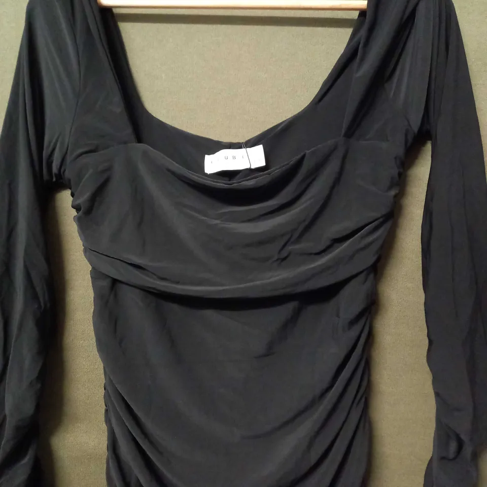 CLUB L LONG SLEEVE SQUARE NECK RUCHED MINI DRESS IN BLACK - UK 14