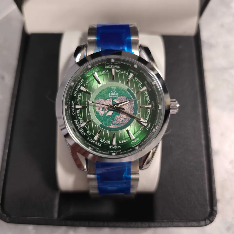 BOXED ERNEST FERDINAND STAINLESS STEEL GREEN DIAL GENTS WATCH