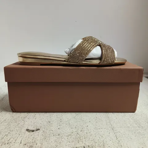 BOXED PAIR OF CARVELA GALA MULES IN GOLD W. JEWEL DETAIL SIZE EU 39