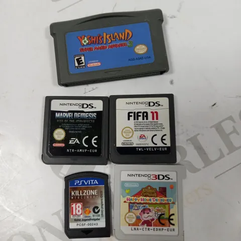 5 ASSORTED COMPUTER GAMES FOR VARIOUS CONSOLES TO INCLUDE; YOSHI'S ISLANDSUPER MARIO ADVENTURE 3(GAME BOY ADVANCE), FIFA 11 AND MARVEL NEMESIS RISE OF THE IMPERFECTS(NINTENDO DS, KILLZONE(PS VITA) AND