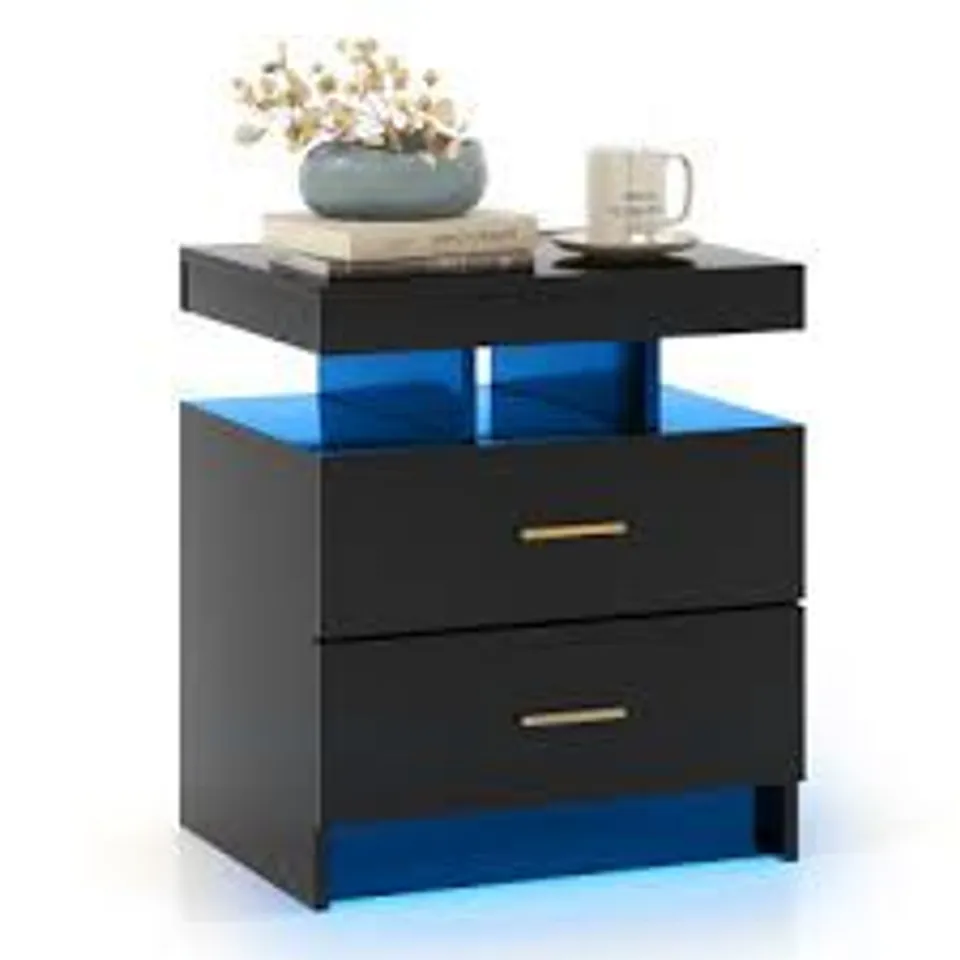 BOXED COSTWAY LED NIGHTSTAND WITH 2 STORAGE DRAWERS FOR BEDROOM - BLACK