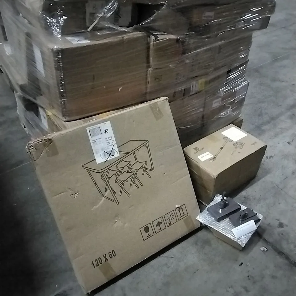 PALLET OF HOUSEHOLD ITEMS TO INCLUDE TABLE AND CHAIRS, VACUUM CLEANER,  POWER TOOL BATTERIES,  STORAGE RACK, WOOD DINING CHAIR FOR CHILDREN AND OTHER ASSORTED ITEMS...