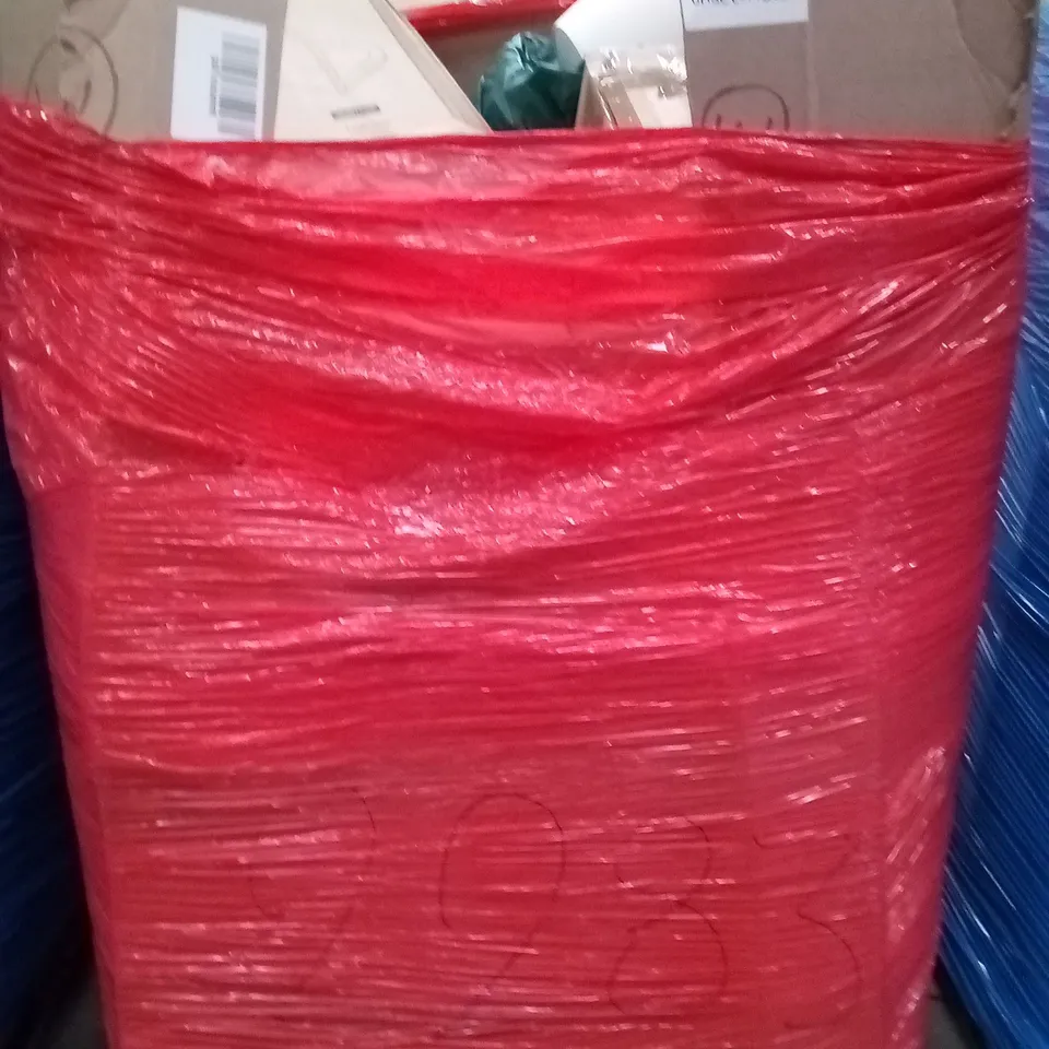 PALLET OF ASSORTED ITEMS INCLUDING OLARHIKE DOUBLE HIGH AIR MATTRESS, GARDEN TABLE, ROLLER BLINDS, HEATED MATTRESS, ROTISSERIE KIT, STOREMIC TOILET SEAT 