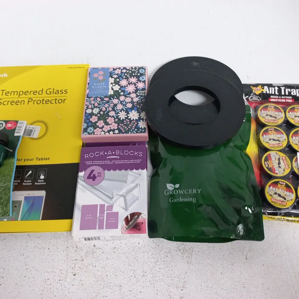 LOT OF APPROXIMATELY 17 ASSORTED HOUSEHOLD ITEMS TO INCLUDE ANT TRAPS, HOSE ACCESSORIES AND DIZZY BLOOM NOTECARDS