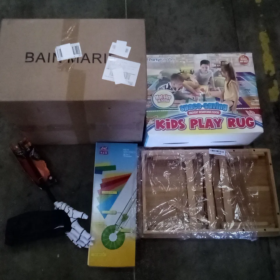 PALLET OF ASSORTED ITEMS INCLUDING BAIN MARIE, KID PLAY RUG, FOLDOUT TABLE, 12 IN 1 TRIMMER, SPOOKY HALLOWEEN CANDY BAG