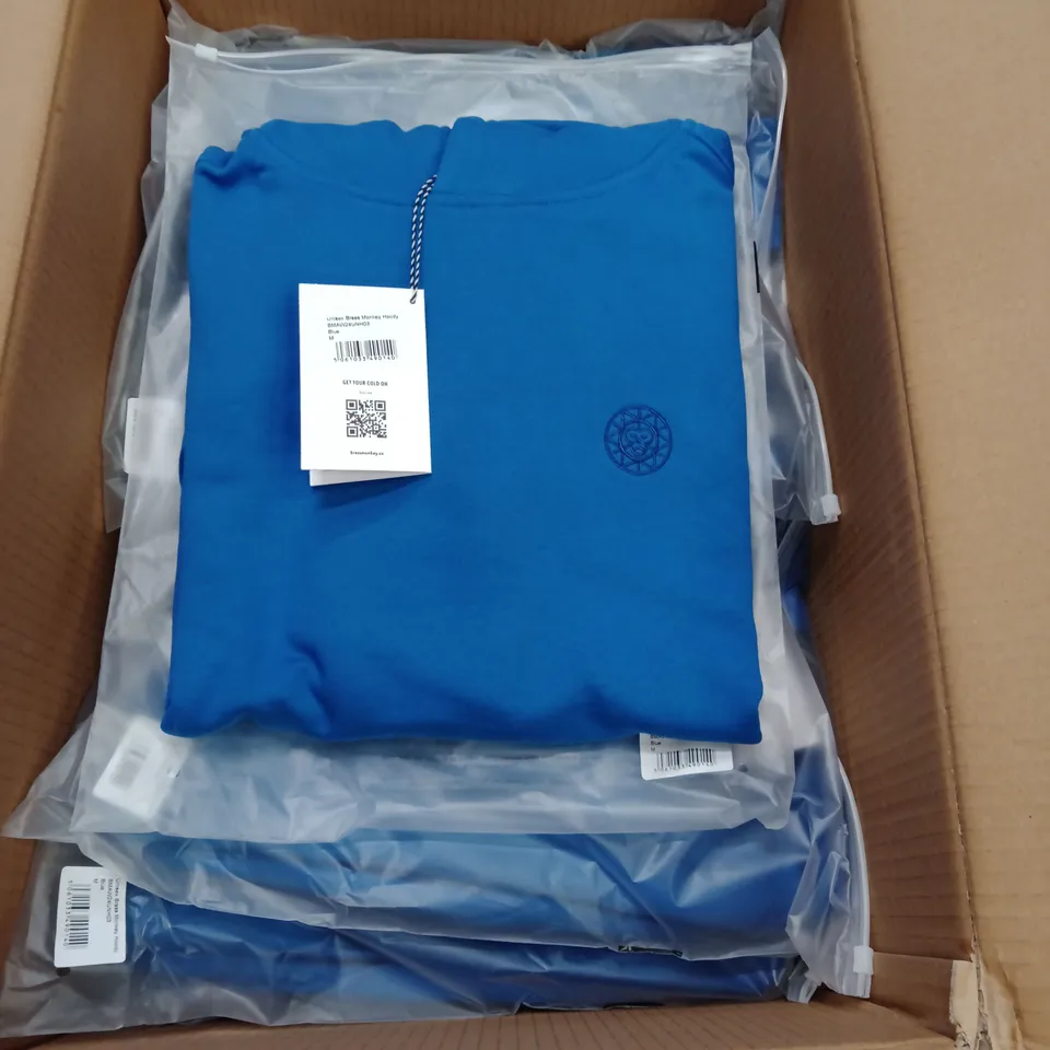 BOX OF APPROXIMATELY 9X BRAND NEW BRASS MONKEY UNISEX HOODY - BLUE, BMAW24UNSW03 // SIZE: M