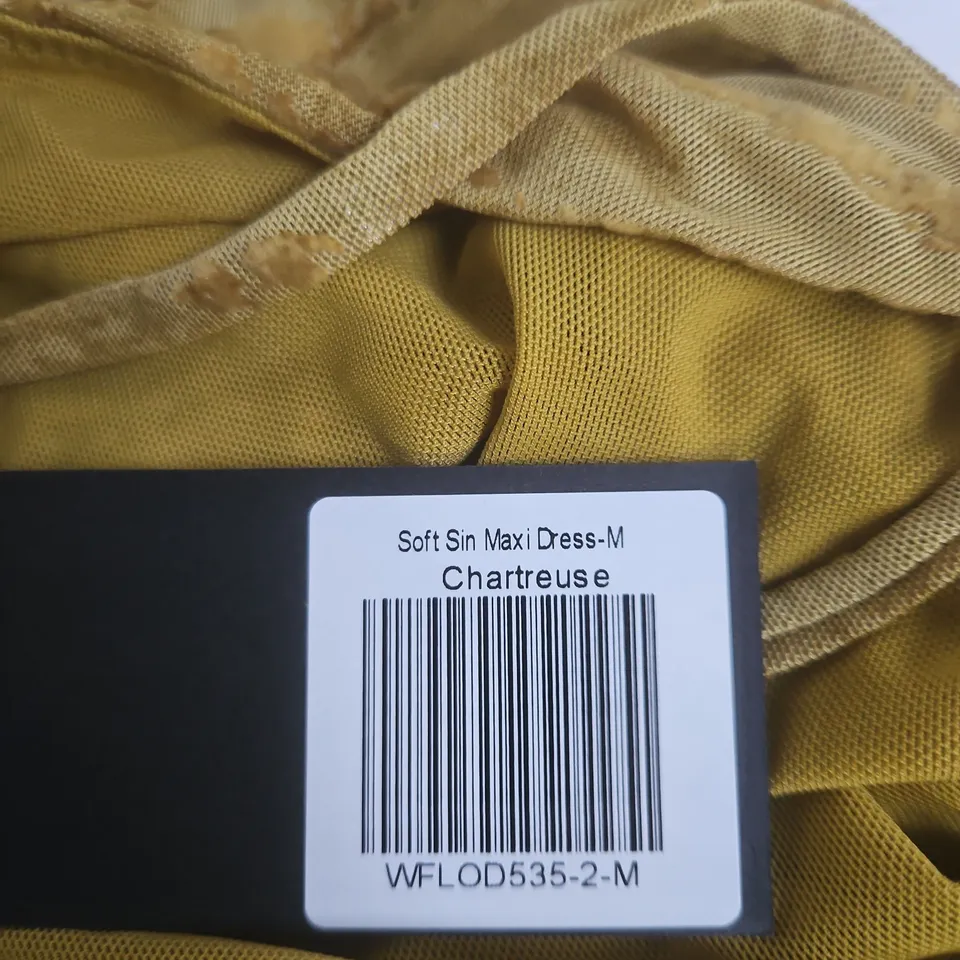 WHITE FOX MAXI DRESS – CHARTREUSE, OPEN-BACK, SIZE M