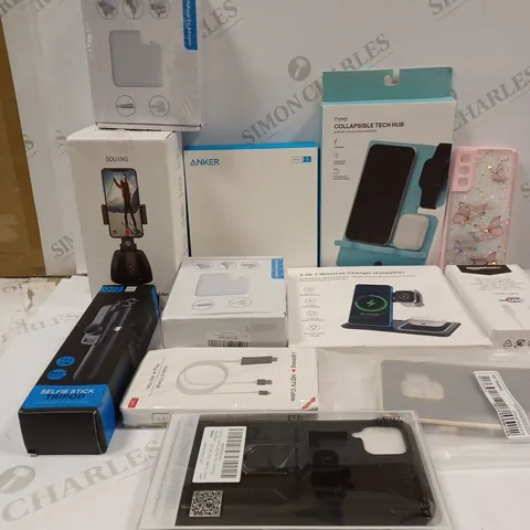 BOX TO CONTAIN APPROX. 20 X ASSORTED PHONE ACCESSORIES. INCLUDES PHONE CASES, CHARGING CABLES, SELFIE STICKS ETC 
