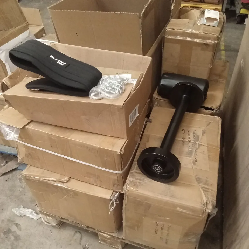 PALLET TO CONTAIN A LARGE QUANTITY OF SLANT SLED BELTS AND A FEW GYM ACCESSORIES TO INCLUDE TREADMILL PARTS ETC