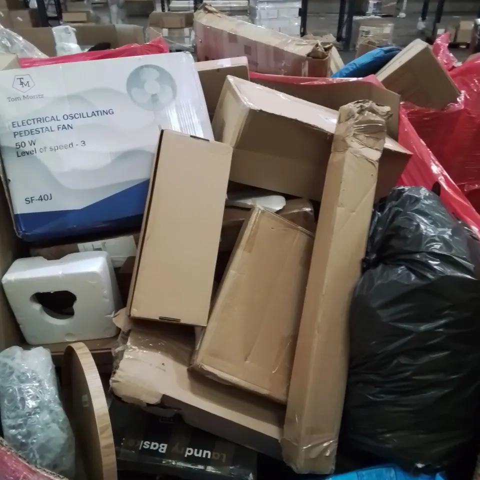 PALLET CONTAINING VARIOUS BOXED ITEMS TO INCLUDE OSCILLATING PEDESTAL FAN, LAUNDRY BASKET ETC.