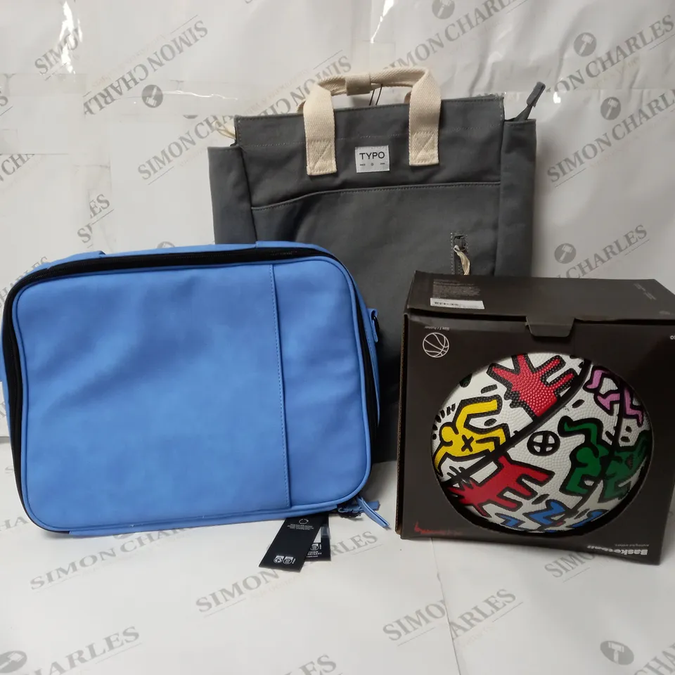 APPROXIMATELY 9 ASSORTED ITEMS TO INCLUDE KEITH HARING BASKETBALL SIZE 7, TOTE BACKPACK, CORE LAPTOP BAG 13 INCH ETC.