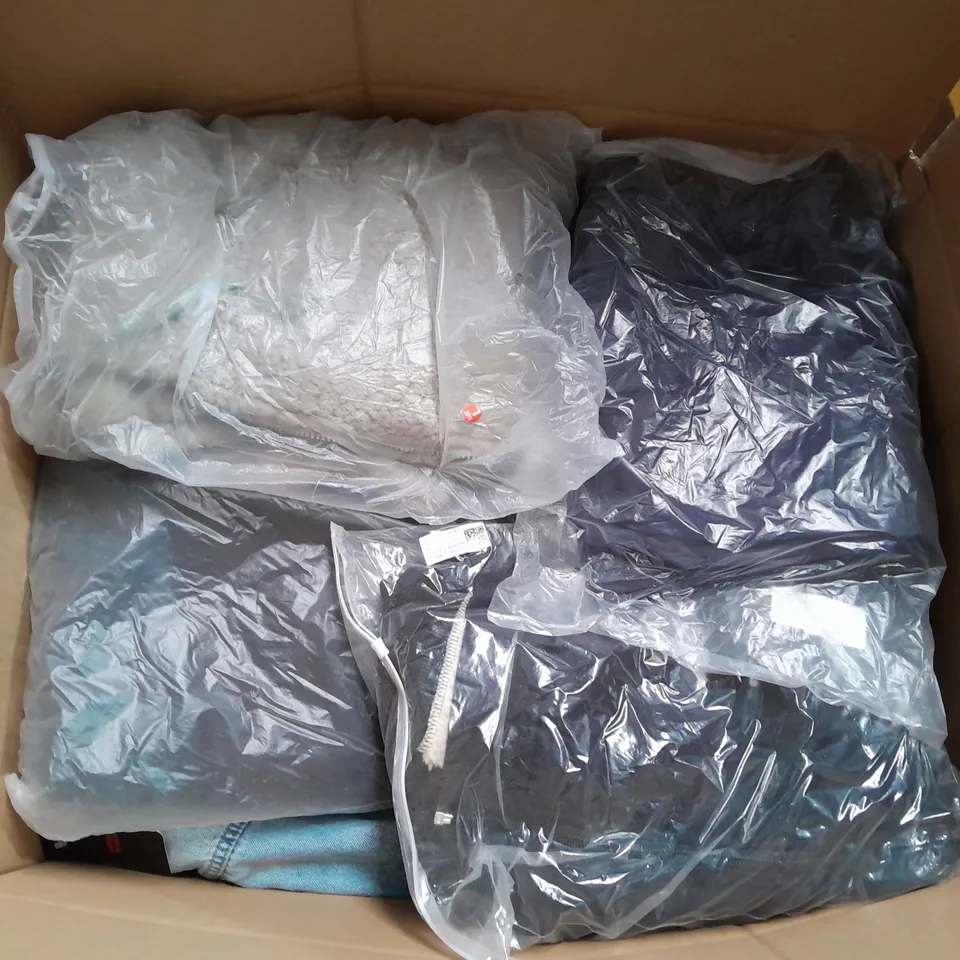 LARGE BOX OF ASSORTED CLOTHING ITEMS IN VARIOUS SIZES, STYLES AND COLOUR 