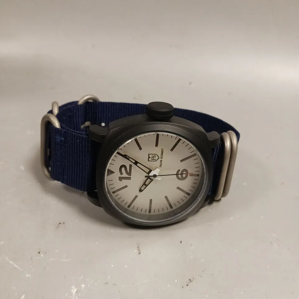 MENS FRANK SCHMIDT WATCH – LARGE BLACK CASE – WHITE PILOT DIAL – BLUE FABRIC STRAP – 3ATM WATER RESISTANT 
