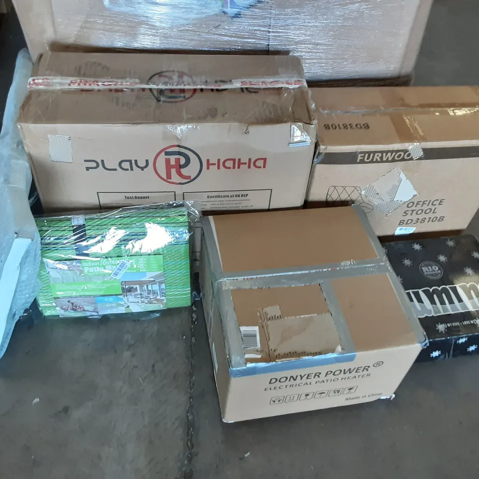 PALLET OF ASSORTED PRODUCTS TO INCLUDE PLAY HAHA, FURWOO OFFICE STOOL, RIO ROLLER ROLLER SKATES, DONYER POWER ELECTRIC PATIO HEATER, INDOOR/OUTDOOR PATIO MAT, CHICCO MIINIMO BABY STROLLER