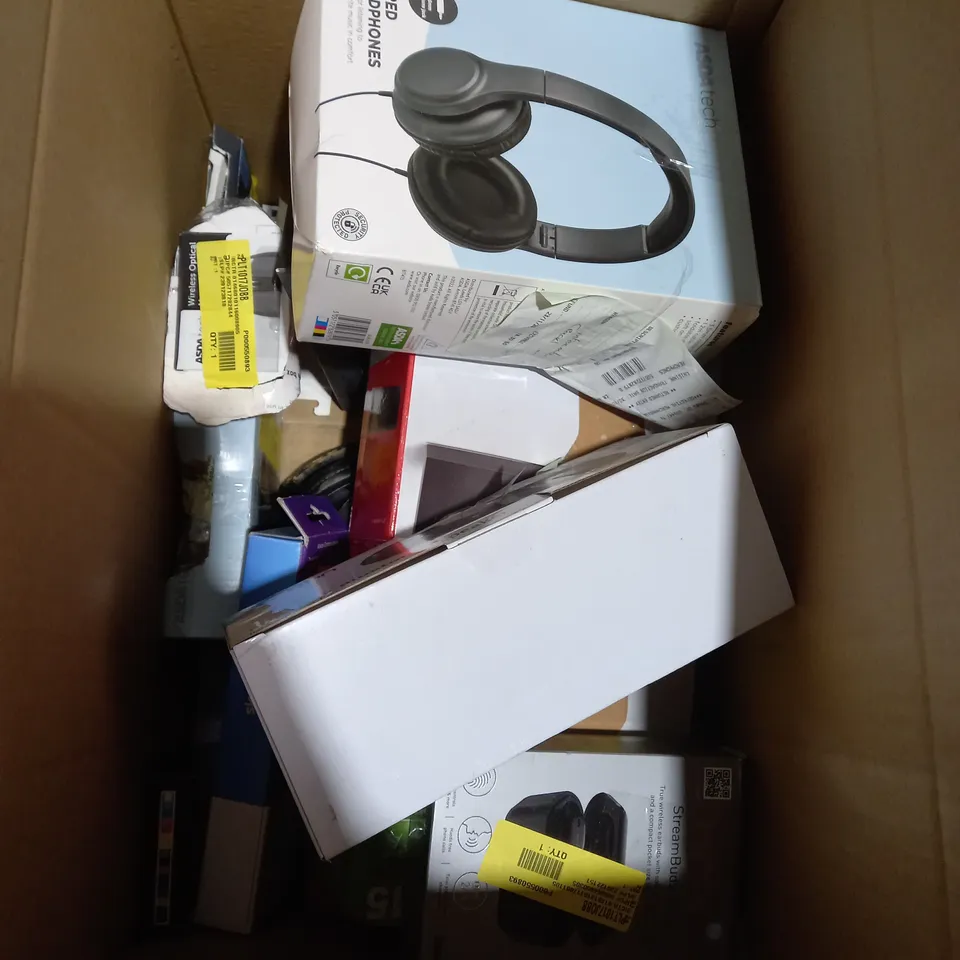 BOX OF APPROXIMATELY 15 ASSORTED ITEMS TO INCLUDE PORTABLE SPEAKER, SKY REMOTE CONTROL, WIRED HEADPHONES ETC