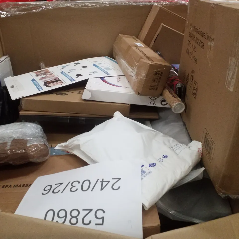 PALLET CONTAINING ASSORTED PRODUCTS INCLUDING WALL CLOCK, EV PORTABLE CHARGER, RETRACTABLE SAFTEY GATE, FOOT SPA & AUDIO TURNTABLE