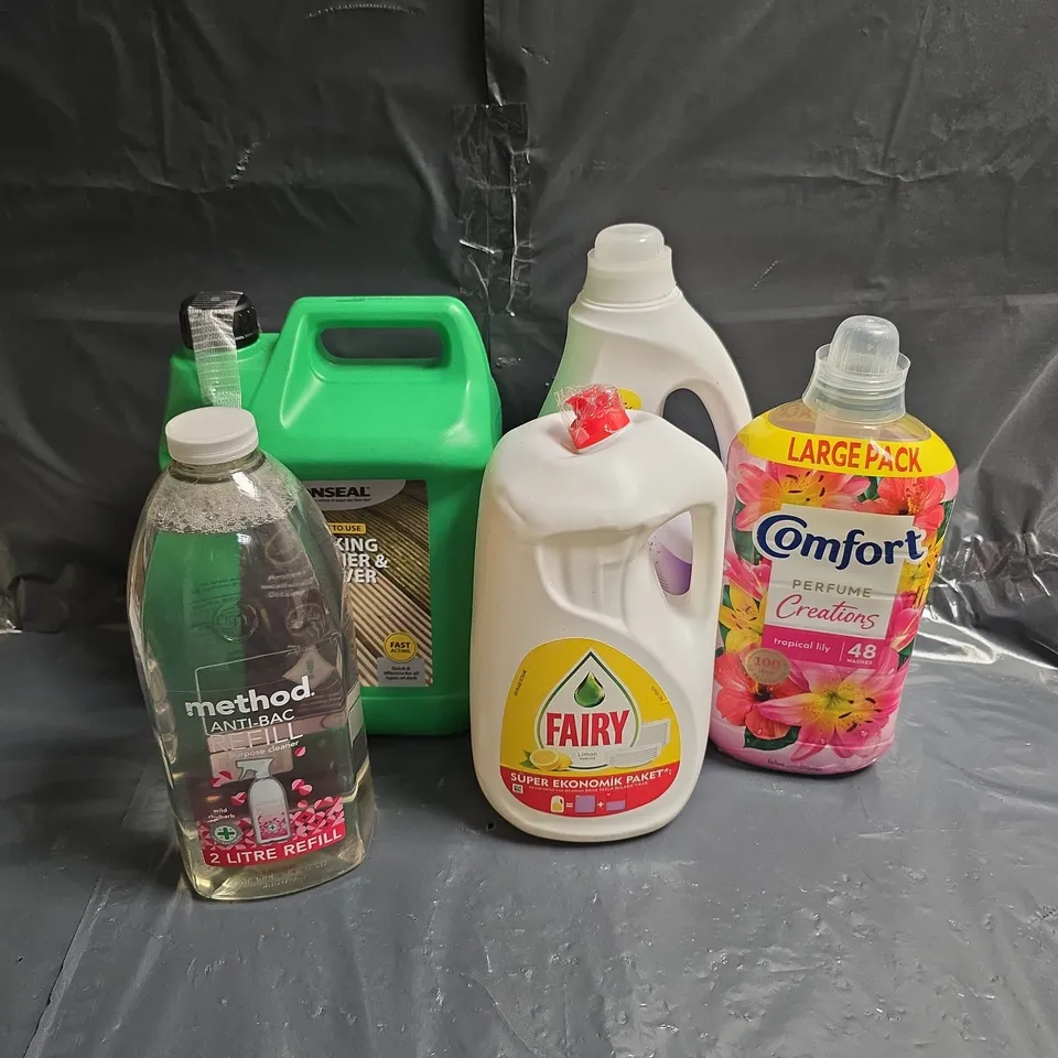 LOT OF 5 ASSORTED LARGE LIQUIDS TO INCLUDE - FAIRY WASHING UP LIQUID - METHOD ANTI-BAC REFILL - RONSEAL DECKING CLEANER & REVIVER - ETC