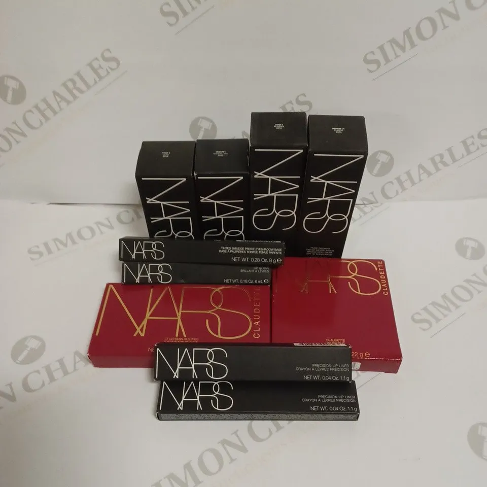 LOT OF 10 ASSORTED NARS BEAUTY PRODUCTS TO INCLUDE MOISTURISER, FOUNDATION, LIP LINER, LIP GLOSS, EYESHADOW BASE, EYESHADOW PALLETE ETC.