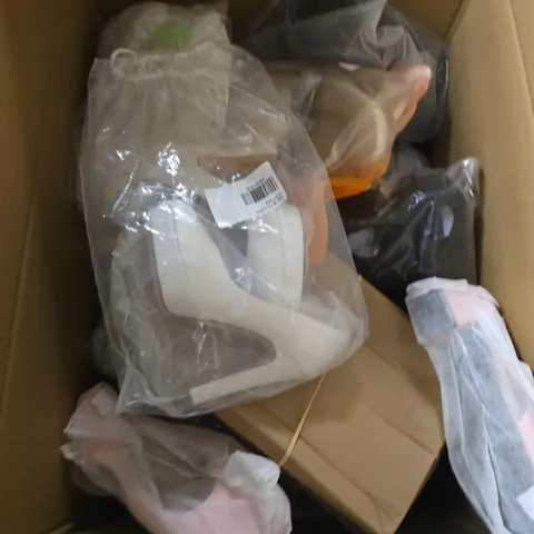 BOX OF APPROXIMATELY 12 PAIRS OF ASSORTED SHOES IN VARIOUS COLOUR, STYLES AND SIZES