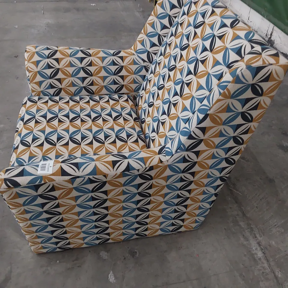 DESIGNER EASY CHAIR BLUE/GOLD/ BEIGE FABRIC 