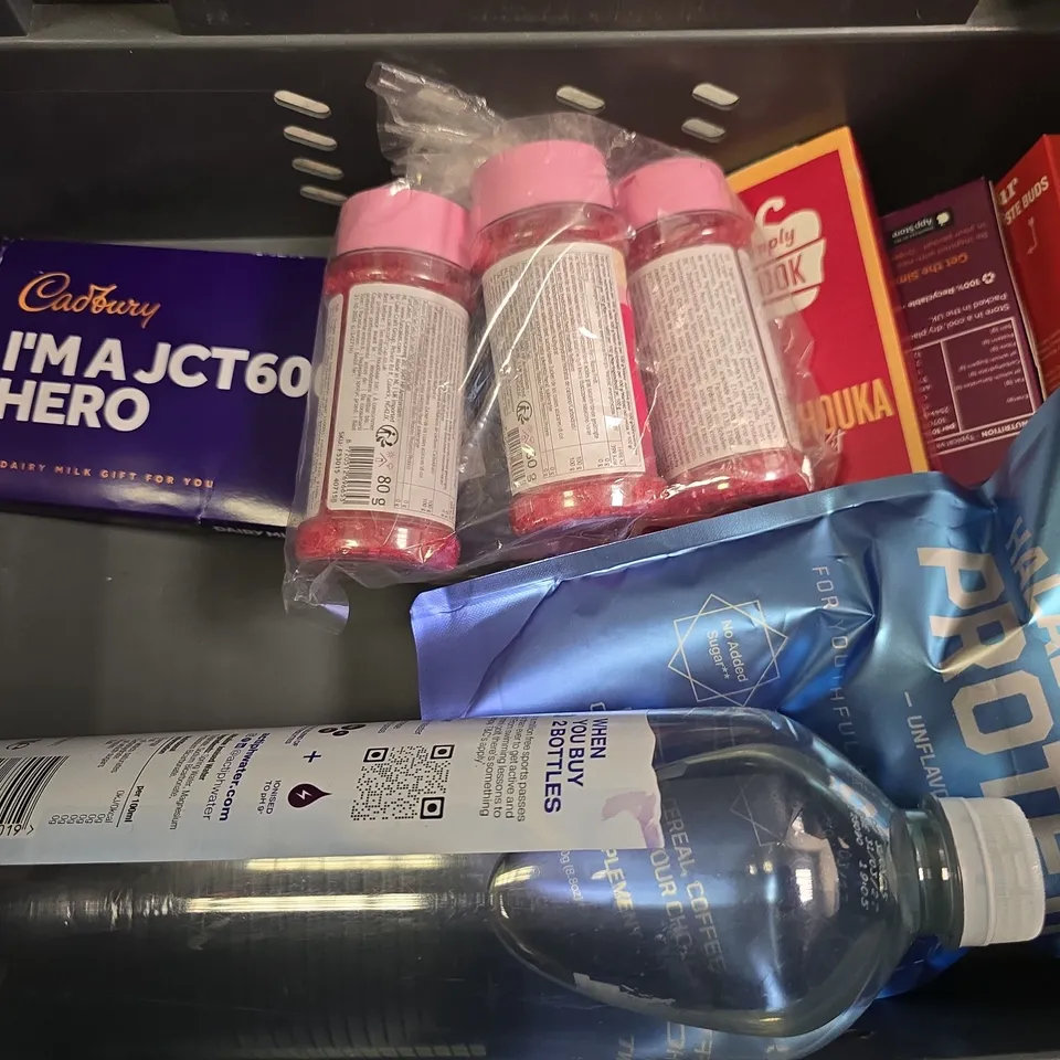 APPROXIMATELY 12 ASSORTED FOOD & DRINK ITEMS TO INCLUDE - MATRIX ,LIGHT MASTER PRE BONDED , CELEBRATIONS  , SUNNA HALAL COLLAGEN PROTEIN ETC