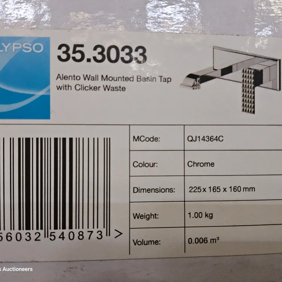 TWO BOXED CALYPSO ALENTO WALL MOUNTED BASIN TAP WITH CLICKER WASTE-CHROME-22.5CM X 16.5CM X 16CM