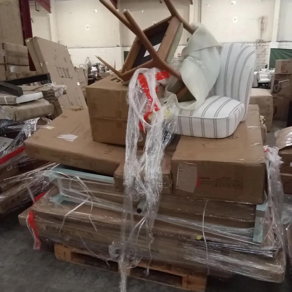PALLET OF ASSORTED DESIGNER DAMAGED OR INCOMPLETE FURNITURE AND FURNITURE PARTS AND PIECES