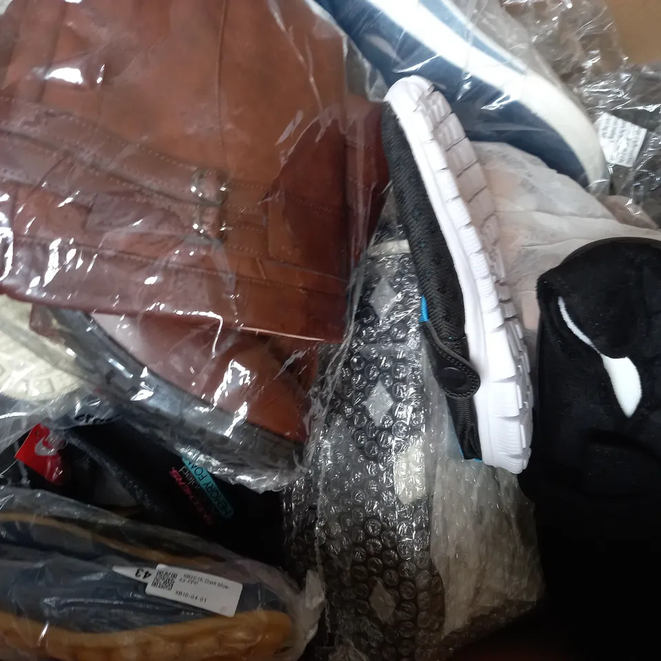 BOX OF APPROXIMATELY 15 ASSORTED PAIRS OF SHOES AND FOOTWEAR ITEMS IN VARIOUS COLOURS, STYLES, AND SIZES - COLLECTION ONLY