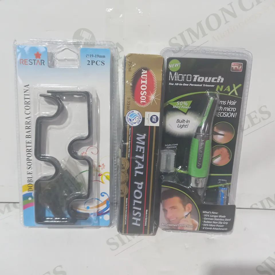 LOT OF APPROXIMATELY 10 ASSORTED HOUSEHOLD ITEMS TO INCLUDE MIORO TOUCH PERSONAL TRIMMER, METAL POLISH, RESTAR DOUBLE CURTAIN RODS BRACKET, ETC