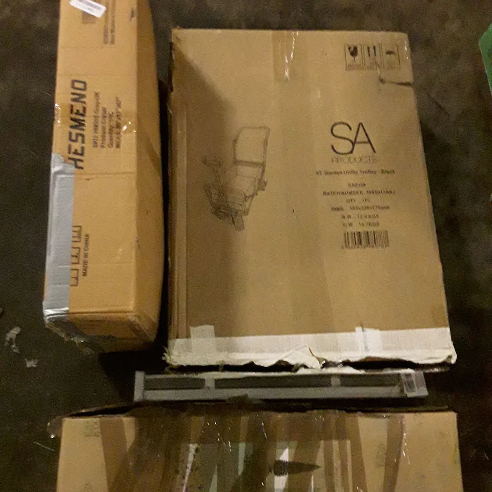 PALLET OF ASSORTED PRODUCTS INCLUDING GARDEN UTILITY TROLLEY, CHRISTMAS TREE, ROLLER BLINDS, CLOSET, POP UP TENT