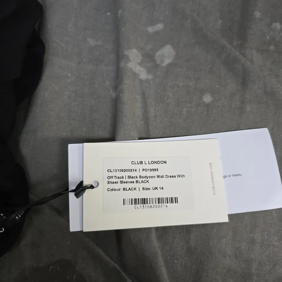 CLUB L LONDON OFF TRACK BLACK BODYCON MIDI DRESS WITH SHEER SLEEVES – UK 14