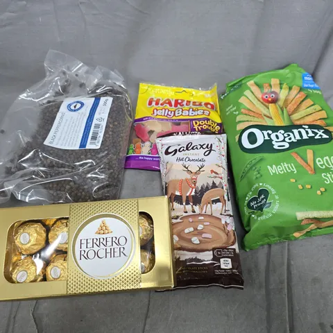 APPROXIMATELY 10 ASSORTED FOOD ITEMS TO INCLUDE HARIBO'S, FERRERO ROCHER AND ORGANIX 