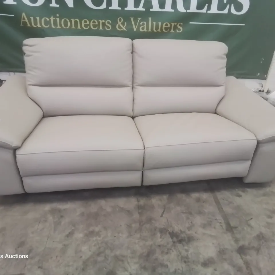 DESIGNER POWER RECLINING THREE SEATER SOFA LIGHT GREY LEATHER
