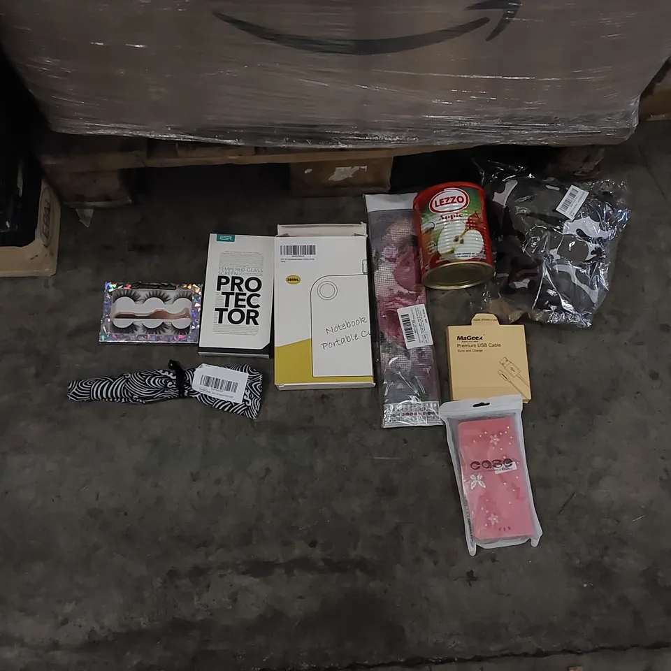 PALLET OF ASSORTED ITEMS INCLUDING: GLASS SCREEN PROTECTOR, EMBROIDERY KIT, APPLE FLAVORED DRINK, FAKE EYELASHES, PHONE CASE,USB CABLE, CAP, NOTEBOOK WATER BOTTLE, METAL STRAWS